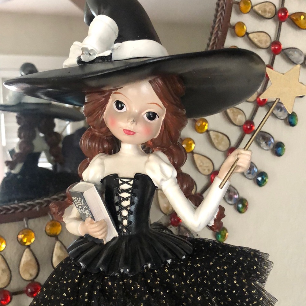 NEW Whimsical Witch Figurine w/Black Magic Book, Black Cat & Star Wand - Picture 2 of 11